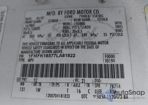 2007 Ford Expedition El Eddie Bauer z USA, uszkodzony, nr VIN 1FMFK18577LA81822